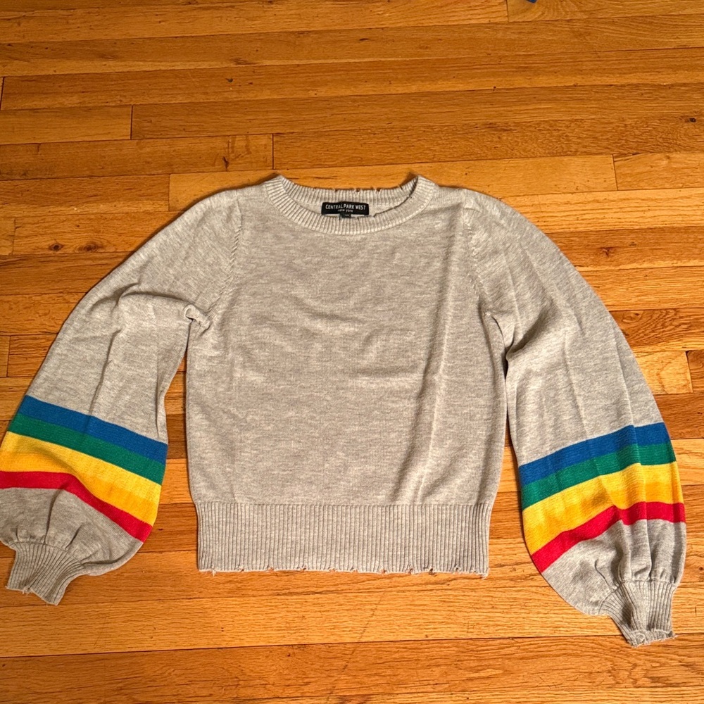 Central Park West Gray Sweater with Rainbow puff Sleeve Stripes